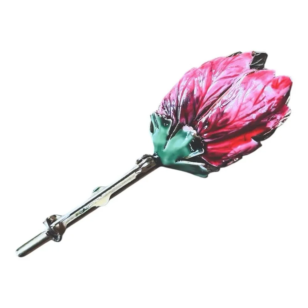 VTG Sandor Brooch Pink Enamel Flower Tulip Peony Gold Tone Mid Century Signed